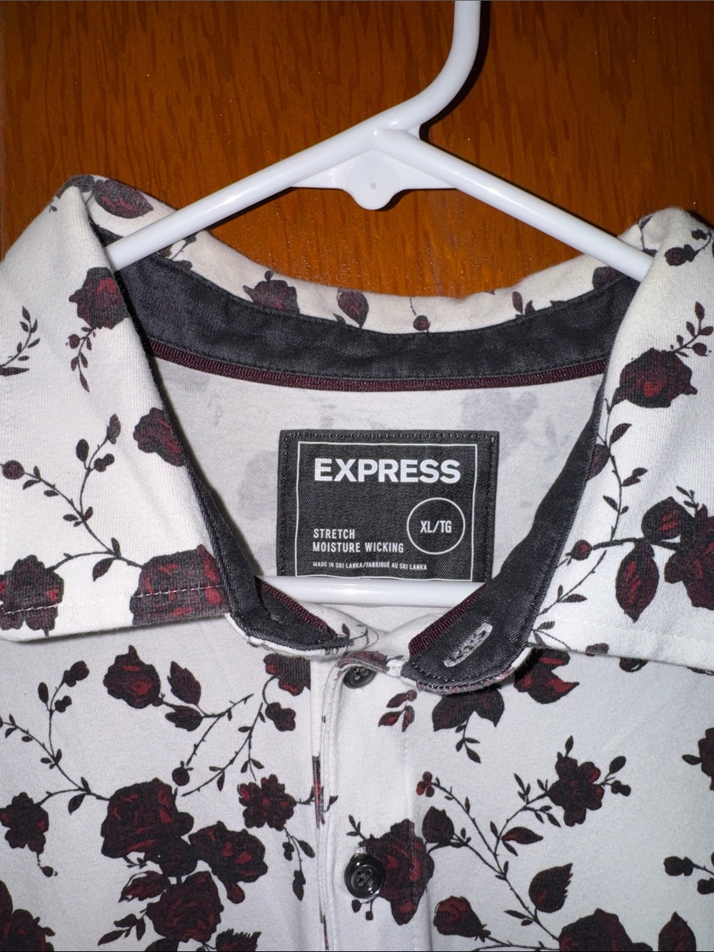 Express White Polo with Burgundy Rose Print
